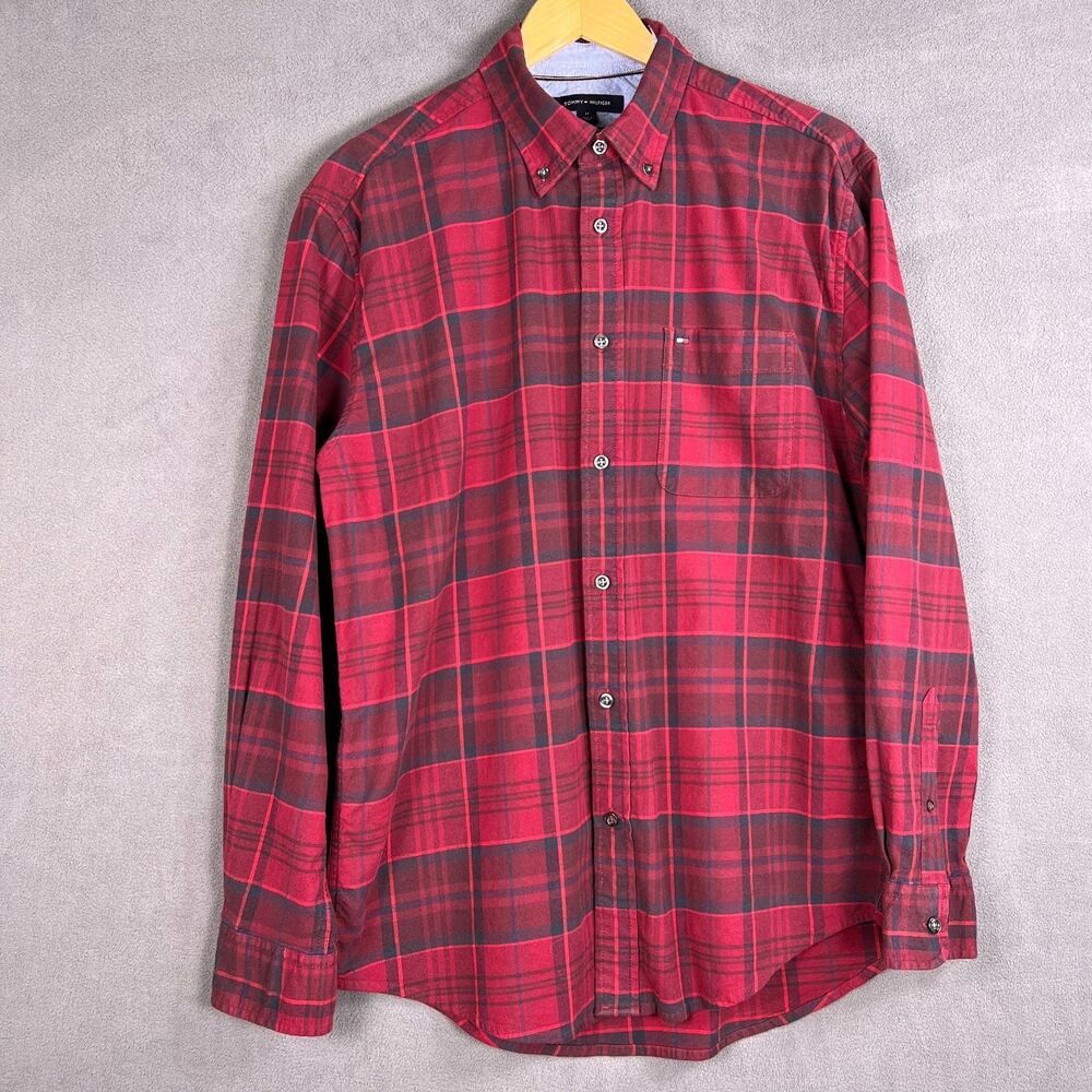 Tommy Hilfiger Men M Red Plaid Flannel Shirt Classic Fit Stretch 78J9577 601